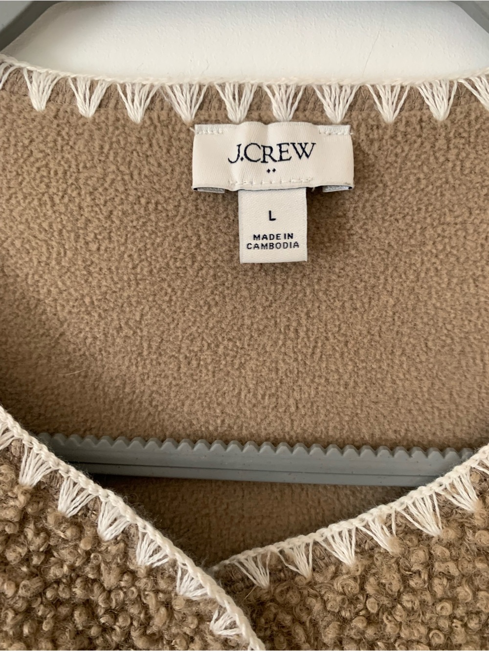 J. Crew Factory Camel Sherpa Blanket-Stitch Jacket with Contrast Trim, Sz Large - Picture 5 of 9